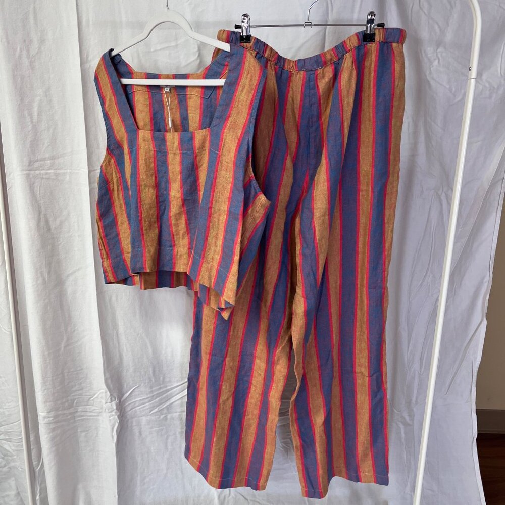 Striped Wide-Leg Linen-Blend Pants in Blue and Pink - Picture 8 of 13